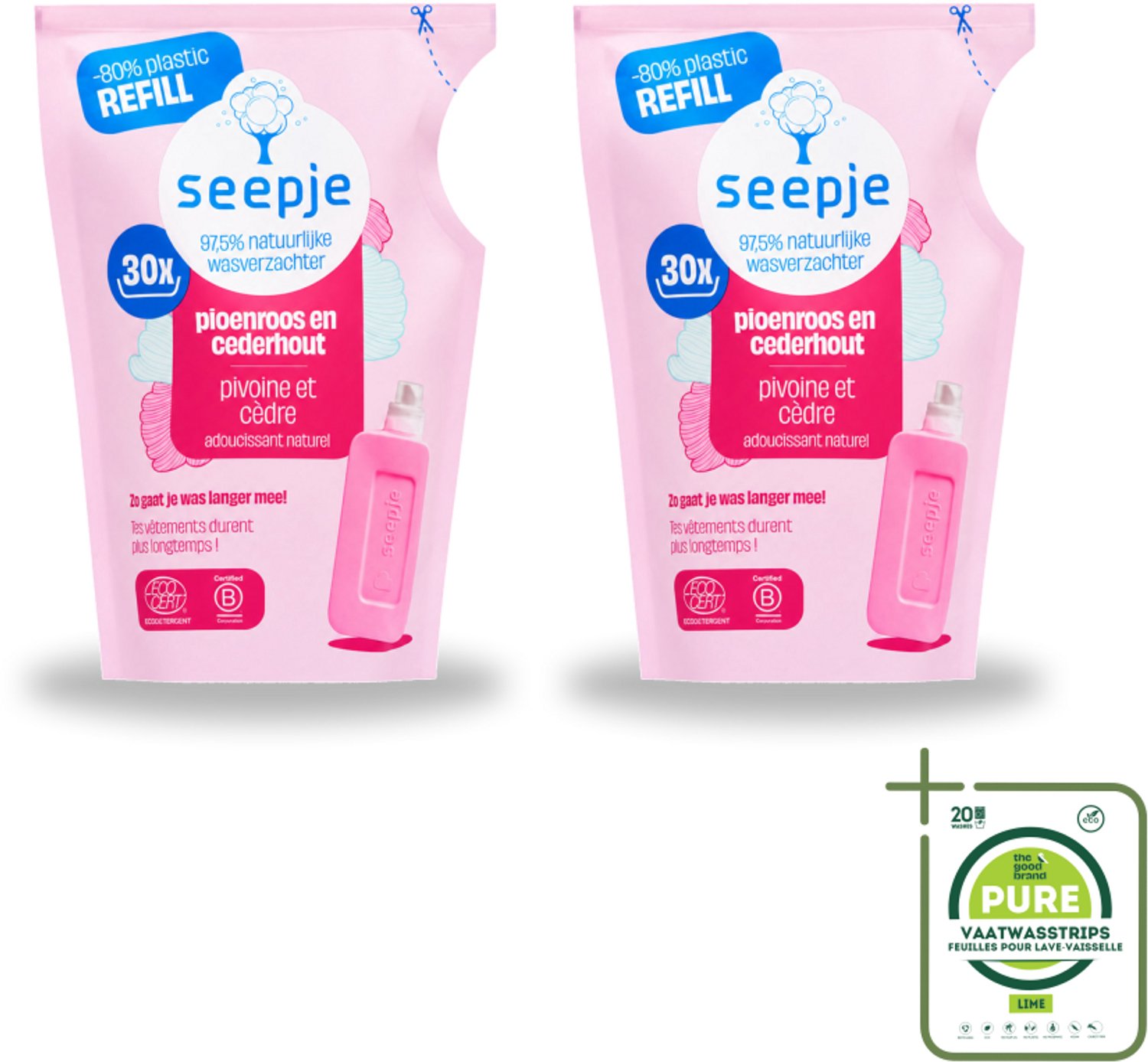 2 x Seepje - Wasverzachter - Duurzaam & Frisse Geur - Navulling - Pioenroos en Cederhout - 30 Wasbeurten - 750 ml - Grootverpakking - Vaatwasstrips - Wasverzachter - Natuurlijke Wasverzachter - Pioenroos - Cederhout - Frisse Geur