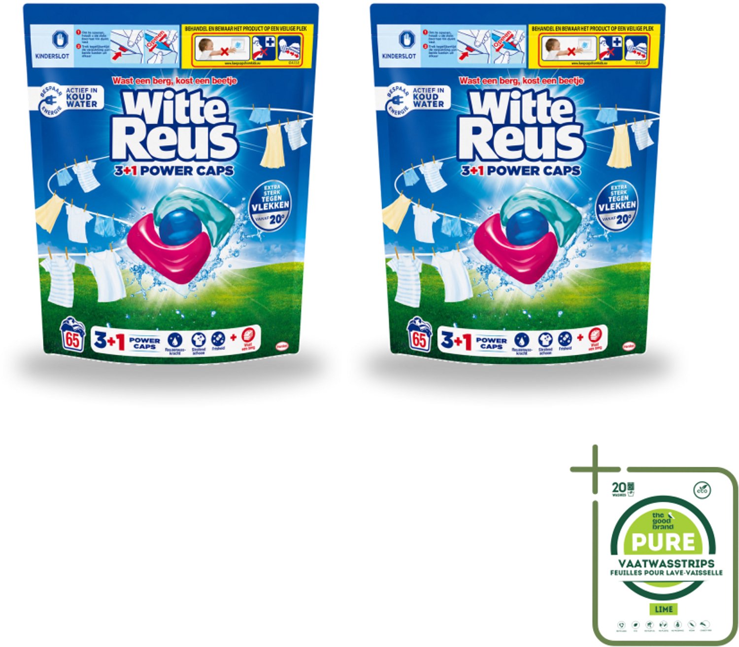 2 x Witte Reus - 3+1 Power Caps - Witte Was - 65 Wasbeurten - Grootverpakking - Vaatwasstrips - Witte Reus Power Caps - Wascapsules - Reiniging - Frisheid - Vlekverwijdering