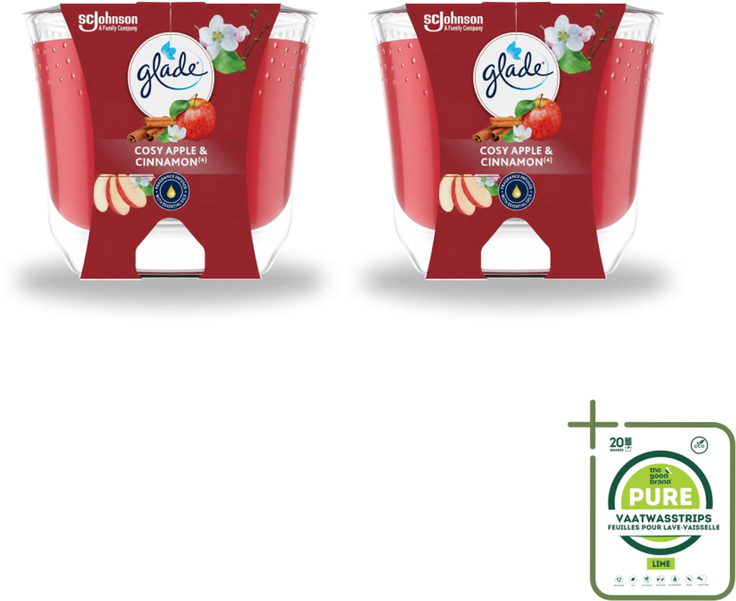 2 x Glade - Geurkaars Appel Kaneel - 100% Raapzaadwas - 204 g - Grootverpakking - Vaatwasstrips - Geurkaars - Warme Geur - Gezelligheid - Vegan - Natuurlijke Geur