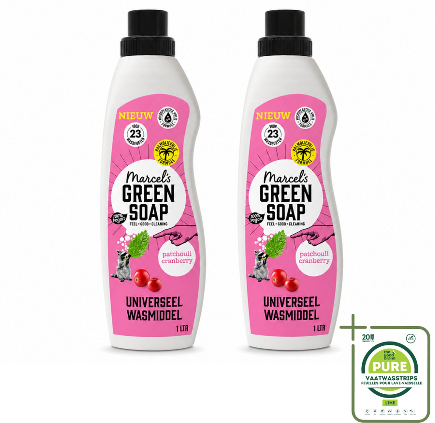 2 x Marcel's Green Soap - Vloeibaar Wasmiddel - Patchouli & Cranberry - Effectief & natuurlijk - 23 Wasbeurten - 1 liter - Grootverpakking - Vaatwasstrips - Wasmiddel - Natuurlijke Zeep - Plantaardig - Milieuvriendelijk - Wasbeurt