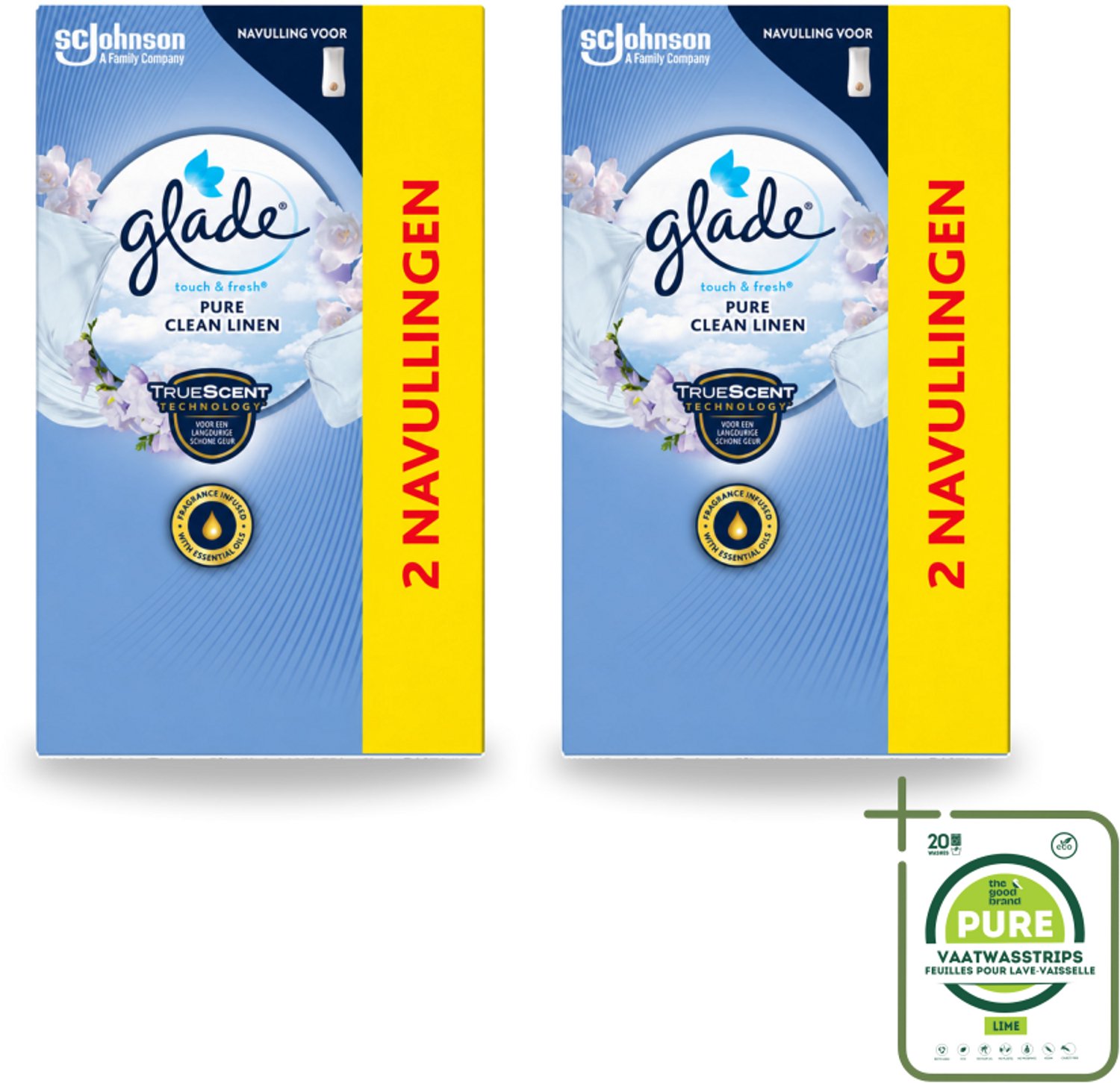 2 x Glade - Touch & Fresh Navulling - Pure Clean Linen - 2 × 10 ml - Grootverpakking - Navulling - Geur - Frisheid - Linen - Bloemige Geur