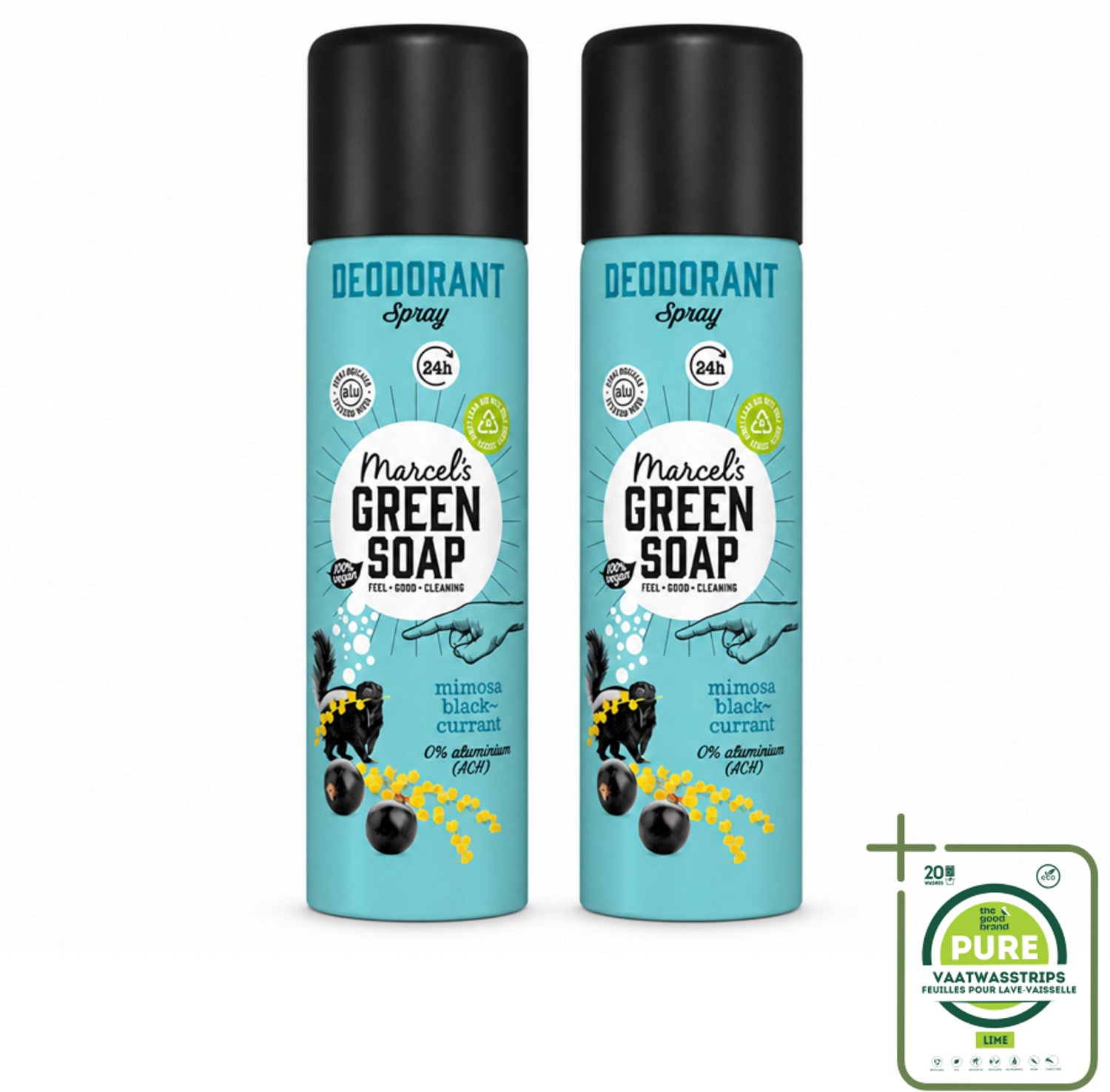 2 x Marcel's Green Soap - Deodorant Spray - Mimosa & Blackcurrant - Langdurige frisheid - 150 ml - Grootverpakking - Vaatwasstrips - Deodorant Spray - Geur - Frisheid - Geurcombinatie - Zachte Geur