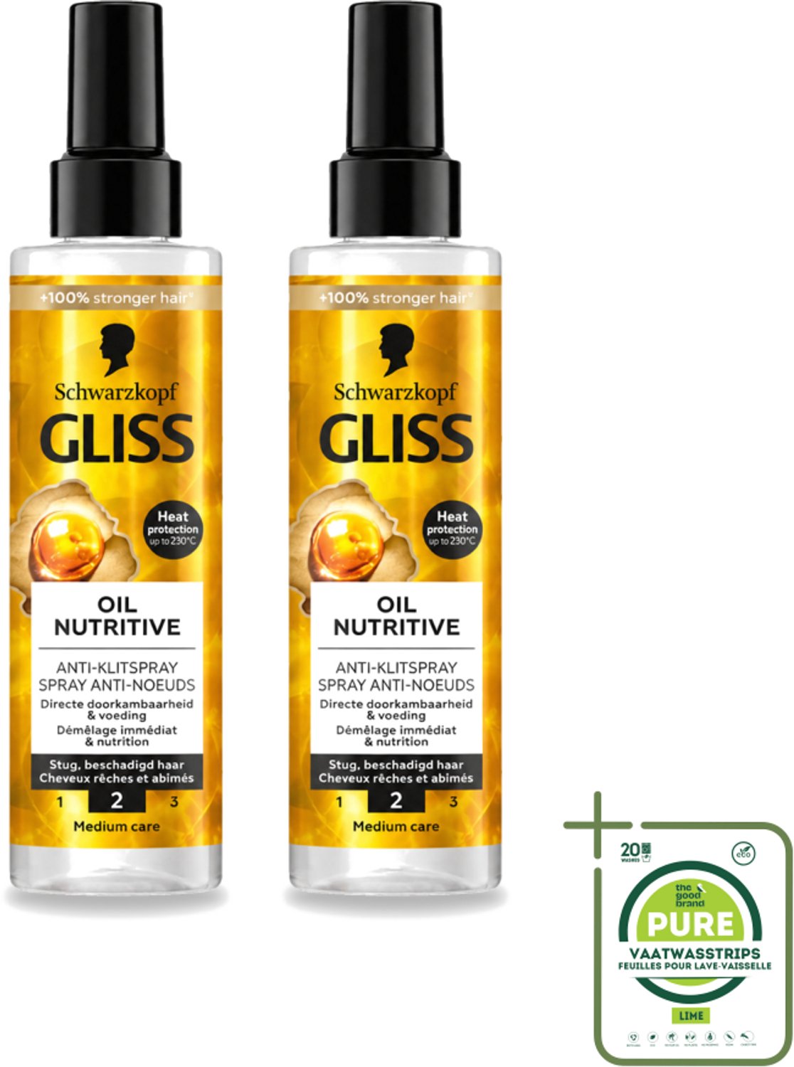 2 x Gliss - Hair Repair - Anti-Klitspray - Oil Nutritive - Makkelijk Doorkambaar Haar - 200 ml - Grootverpakking - Vaatwasstrips - Anti-klit - Klitspray - Voeding Haar - Droog Haar - Gespleten Punten