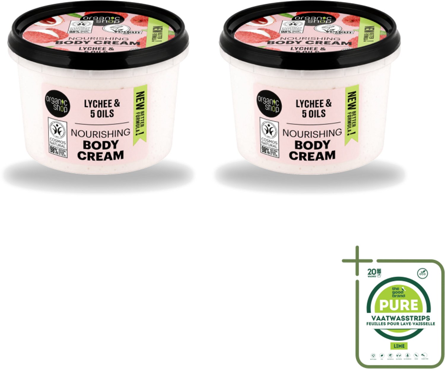 2 x Organic Shop - Nourishing Body Cream Lychee - Hydraterend en Voedend - 250 ml - Grootverpakking - Vaatwasstrips - Hydratatie - Voeding - Natuurlijke Crème - Lychee Crème - Huid Verzorging