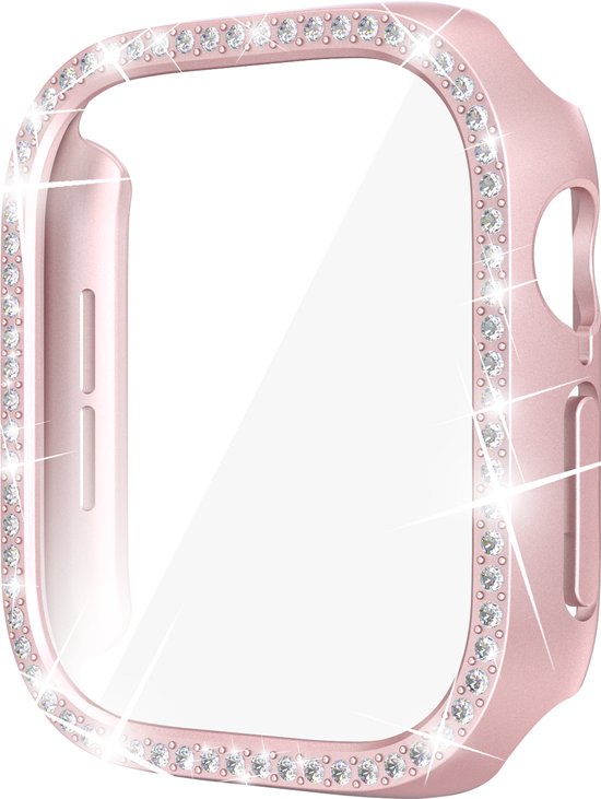 Roze beschermende smartwatch-case met glinsterende strass-steentjes langs de rand en geïntegreerde screenprotector.