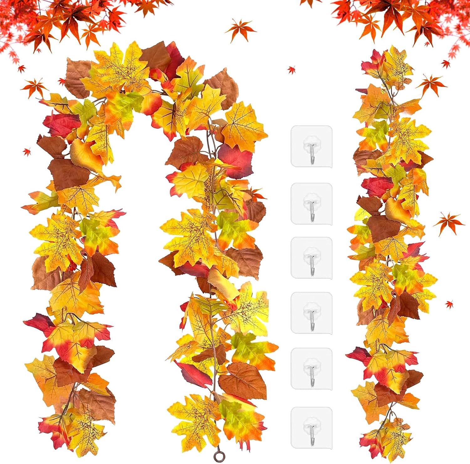 Kunstherfstslinger, 2 stuks herfstslinger, esdoornbladeren, slinger, hangplant, esdoornbladeren, slinger, decoratie, kunstmatige herfstesdoornbladeren, slingers, voor deur, tuin, open haard (M1)