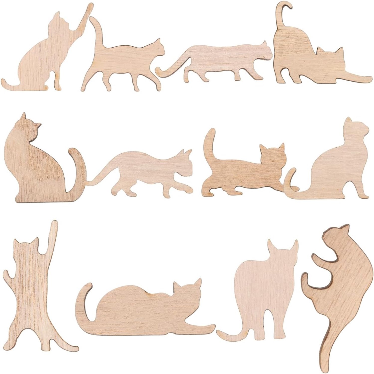 Mikikit 12 houten katten om te beschilderen – onafgewerkte natuurlijke uitsparingen voor knutselwerk, gladde silhouetten voor decoratie en kinderkunst