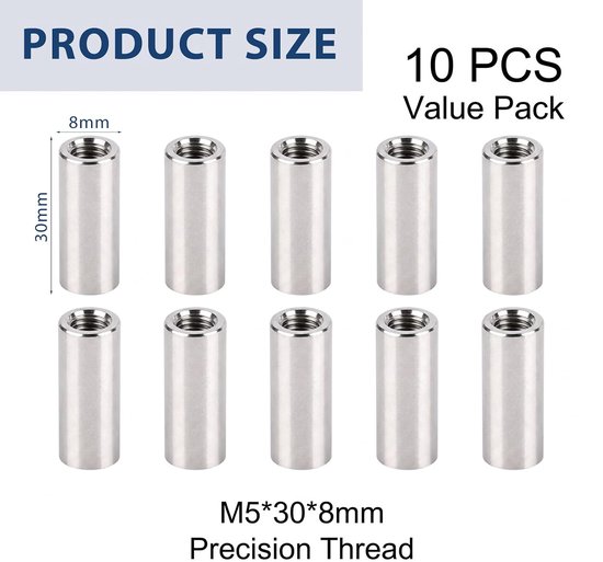 10 stuks schroefdraadhulzen metalen hulzen maat M5 × 30 mm roestvrij staal — afbeelding 5