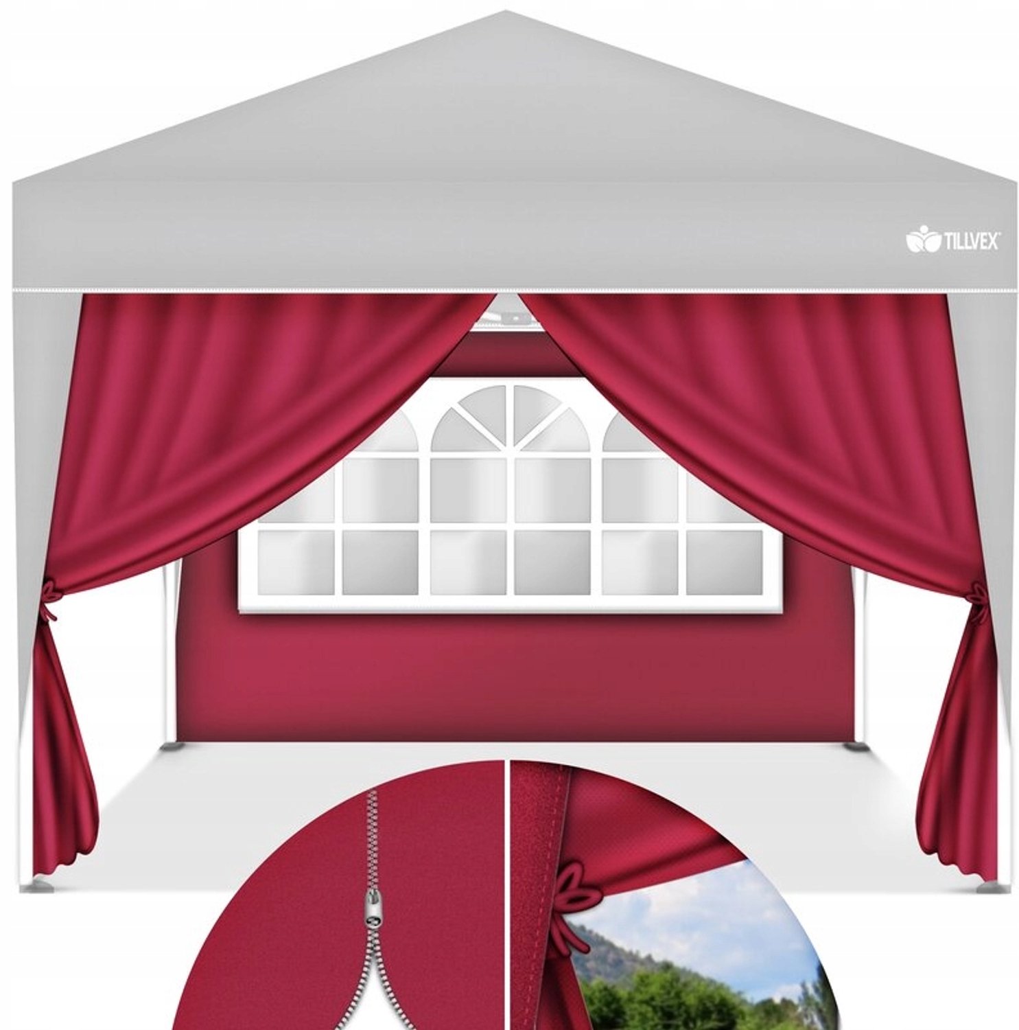 2 Rode Zijwanden voor Partytent 2x3m met Ramen & Rits