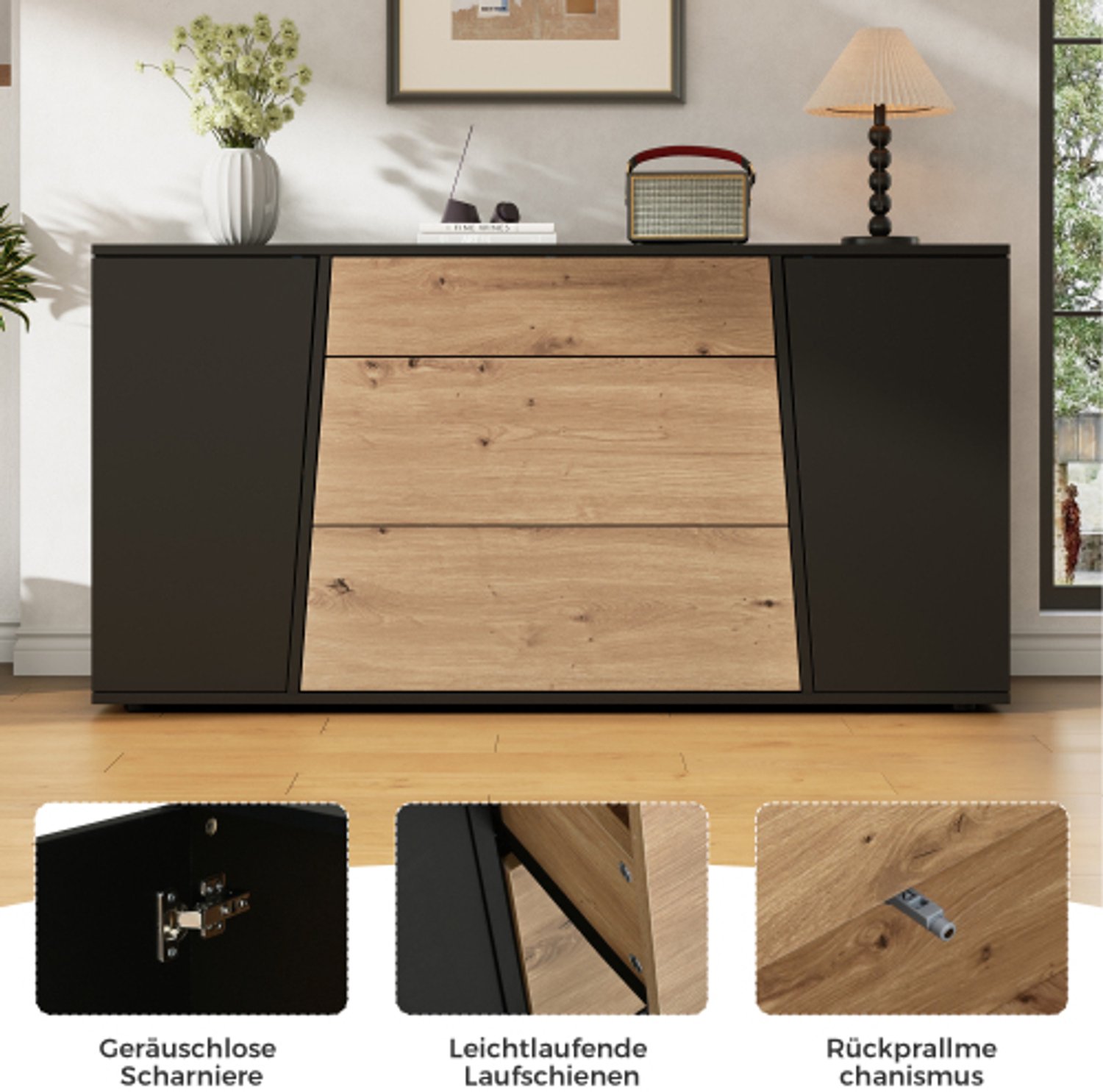 Merax Buffetkast 140×35×70 cm - werkblad - 3 lades - 2 deuren - zwart/hout