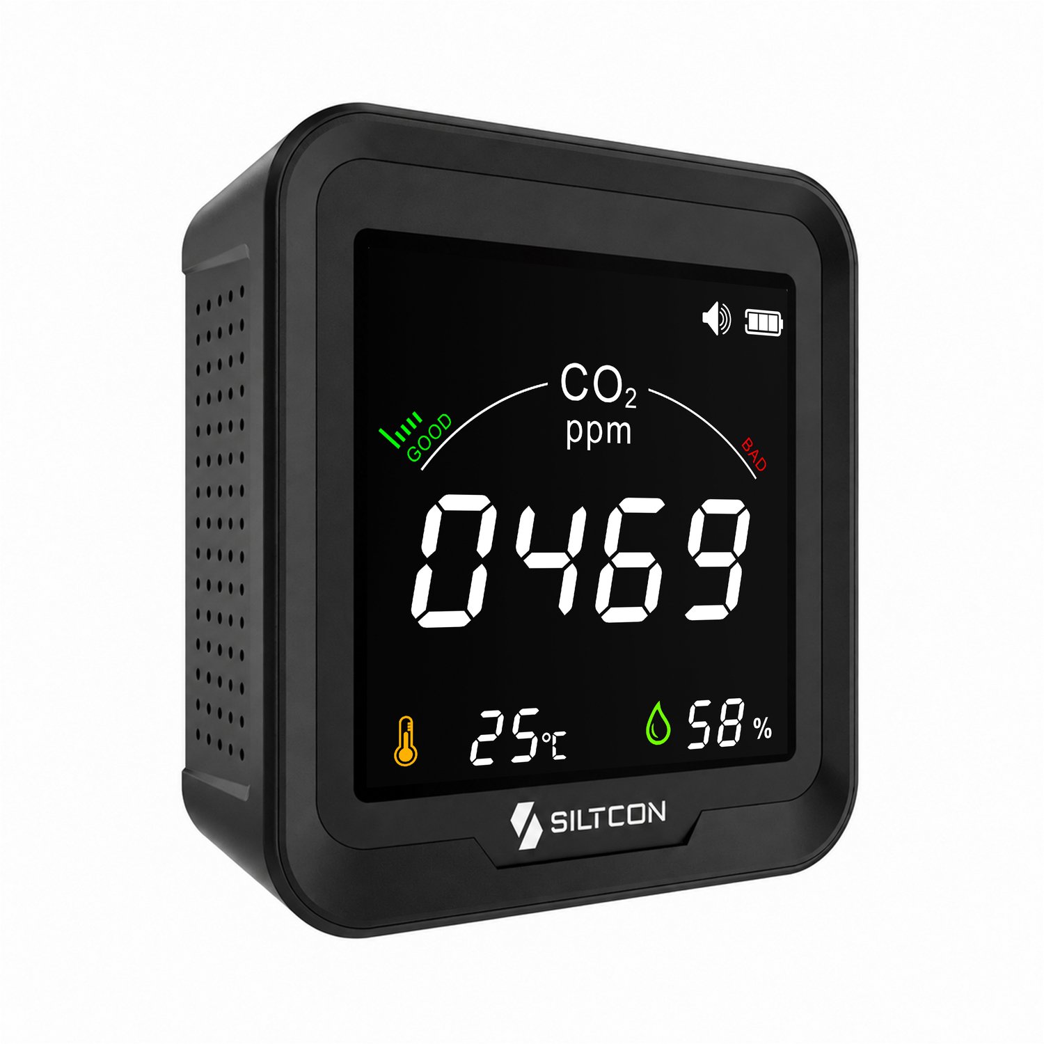 Siltcon® CO2 Meter - CO Melder - Luchtkwaliteitsmeter - CO2 Melder - Met Hygrometer en Thermometer - Draagbaar & Oplaadbaar - Zelfkalibrerende NDIR sensor - Voor Thuis & Kantoor - Alarmsysteem - Zwart