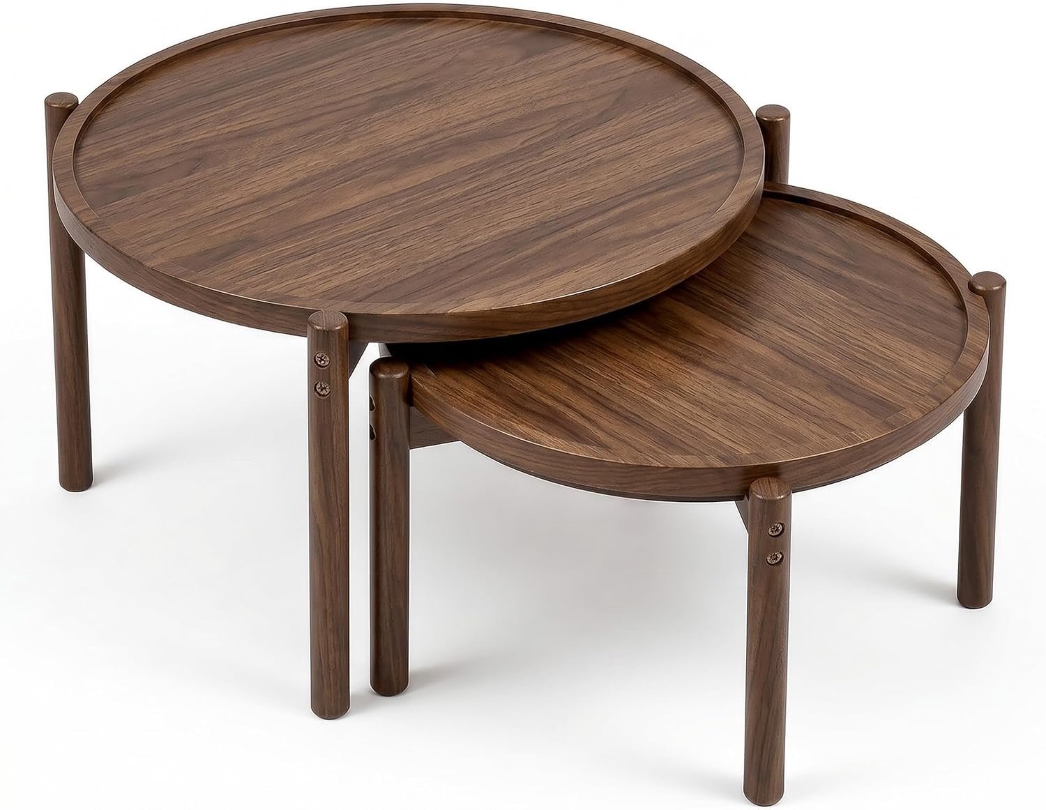 Ronde salontafel set 2 stuks 60 cm en 48 cm - walnootbruin - nestbare bijzettafels van houtlook voor woonkamer