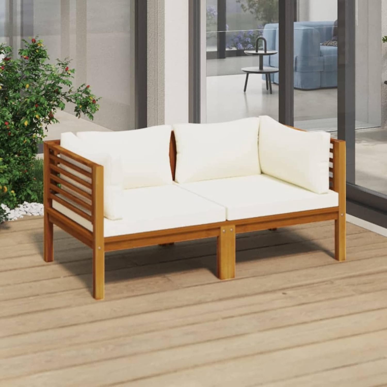 Leepesx Bank voor buiten, tuin, bank, tuin, buiten, bank, lounge, tuinbank, 2-zits, met kussen, crème, acacia CN