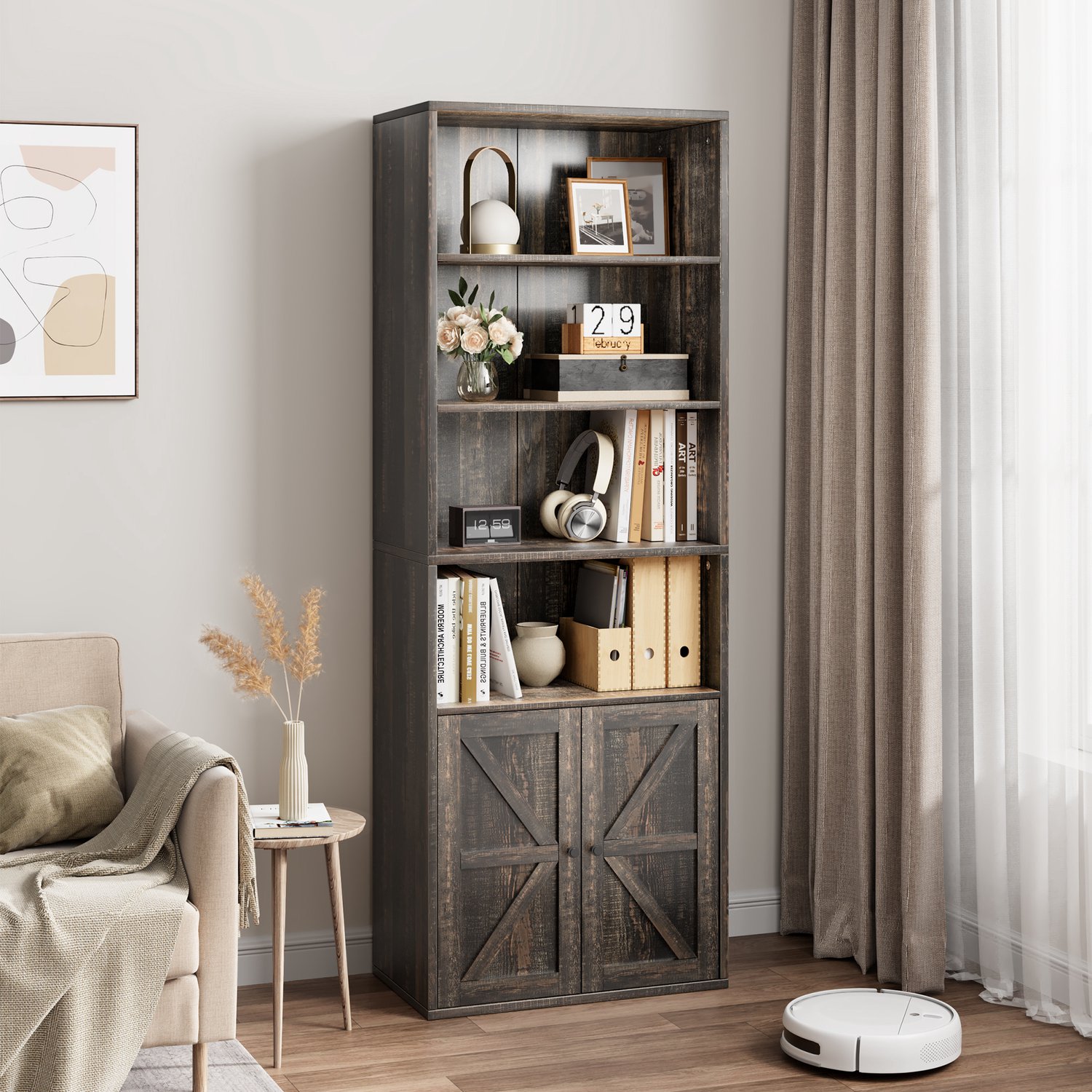 Boekenkast Rustiek Met Deuren & 6 Houten Planken - 180 cm Hoog x 30 cm Diep - voor Slaapkamer Woonkamer of Kantoor - Antiek Grijs