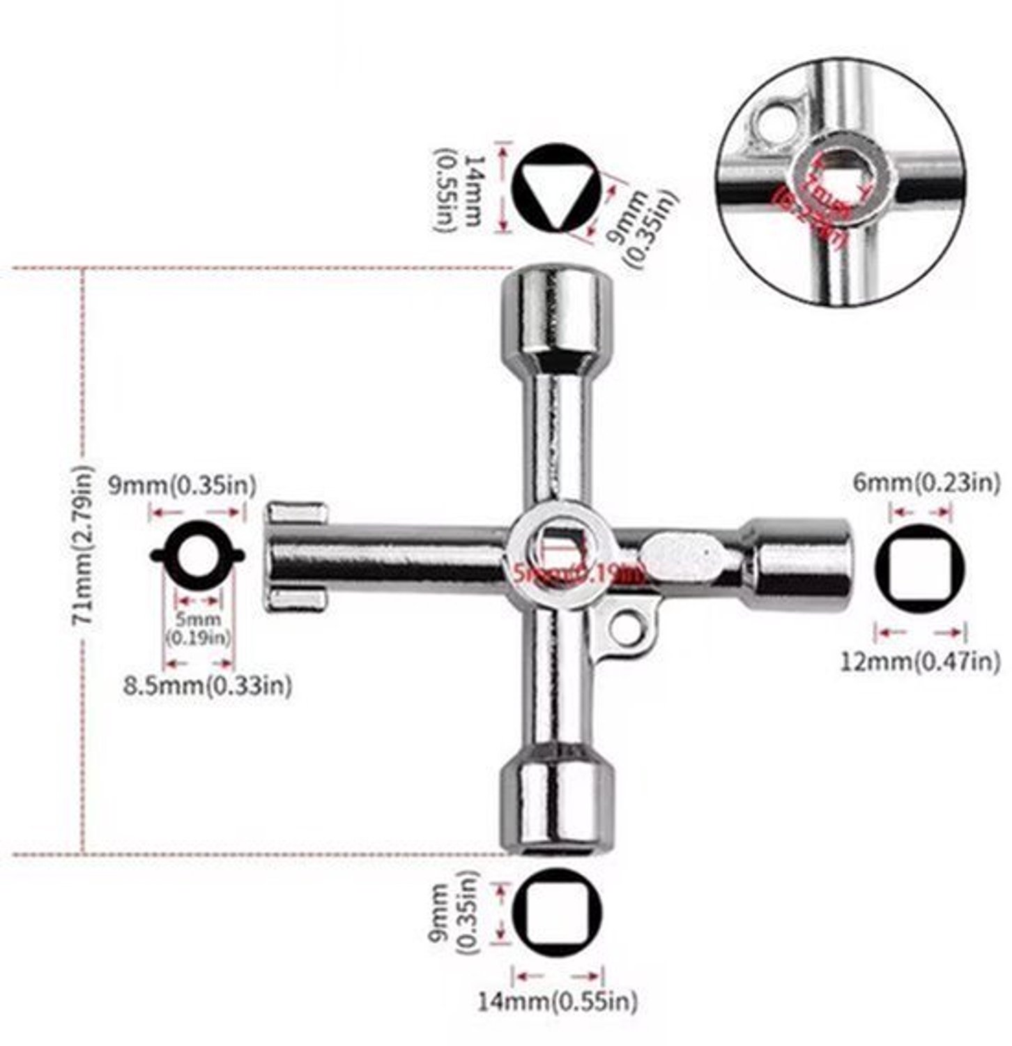 Universele Kruissleutel voor Elektrische Kasten – 4-in-1 Nutsleutel met Driehoek, Vierkant en Zeskant – Multitool voor Elektriciteitskasten, Gasmeters, Watermeters, Valves en Liften – Zinklegering