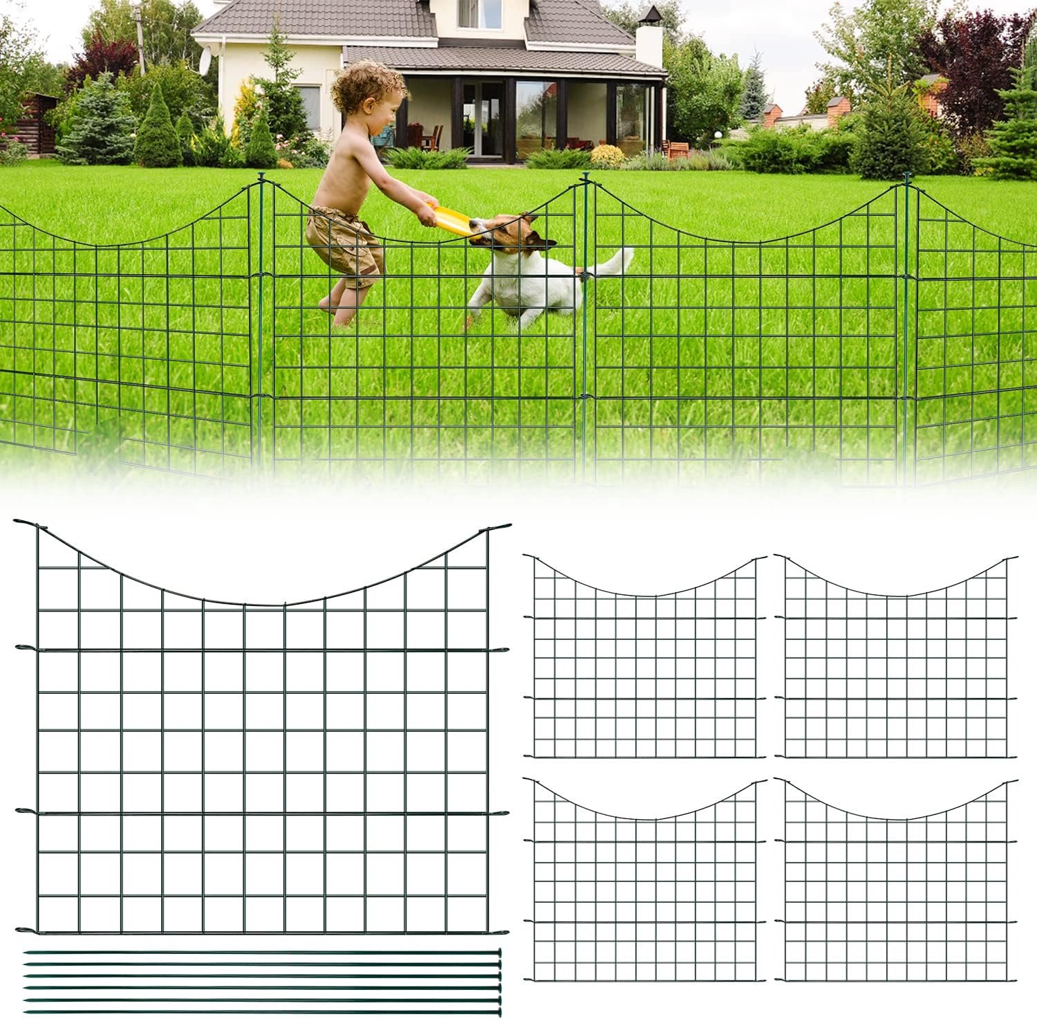 Vijverhek, vijverhek, steekhek met 5 hekelementen en 6 metalen tuinhekken, bevestigingsstaven, sierhek, set voor de tuin, omheining voor honden, onderboog