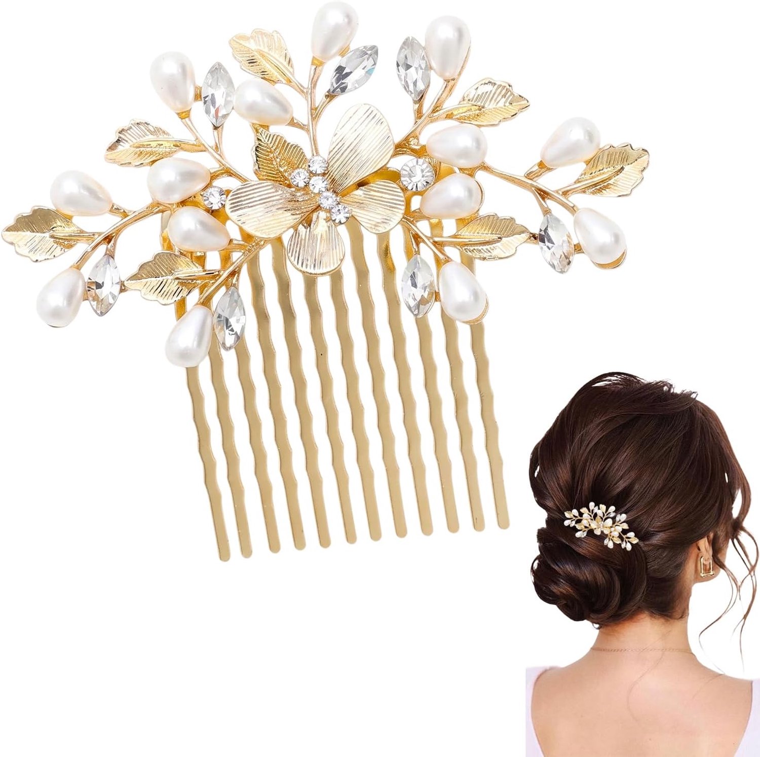 Goud Parel Haar Kam, Blad Vlinder Bloem Haaraccessoires voor Vrouwen en Meisjes, Vintage Gouden Fascinator voor Bruiloft en Feest