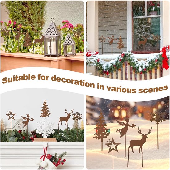 5 stuks tuinstekers voor Kerstmis, roestdecoratie, kerstdecoratie, kerstkaarsen, weerbestendig, leuke tuindecoratie van roestmetaal voor tuin, balkon, terras, bloempot — afbeelding 4