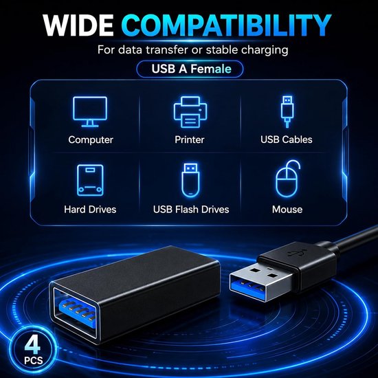 4 stuks USB-adapter vrouwelijk naar vrouwelijk, USB-A 3.0-koppeling voor kabelverlenging, aansluiting van twee mannelijke stekkers, duurzame en compacte aluminium behuizing voor computer, printer en — afbeelding 5