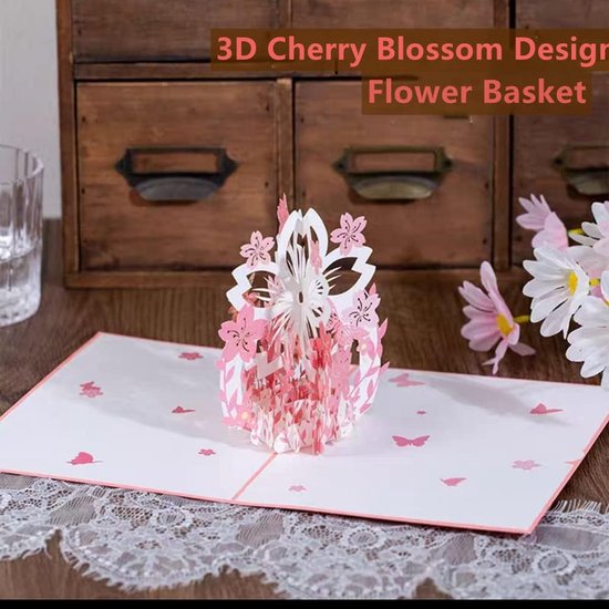 3D pop-up verjaardagskaart, Valentijnsdagkaart voor verliefden, familie en vrienden, roze bloemenmand, romantische en warme kaart voor verjaardag, bruiloft, jubileum, verloving, vouwkaart met envelop — afbeelding 3