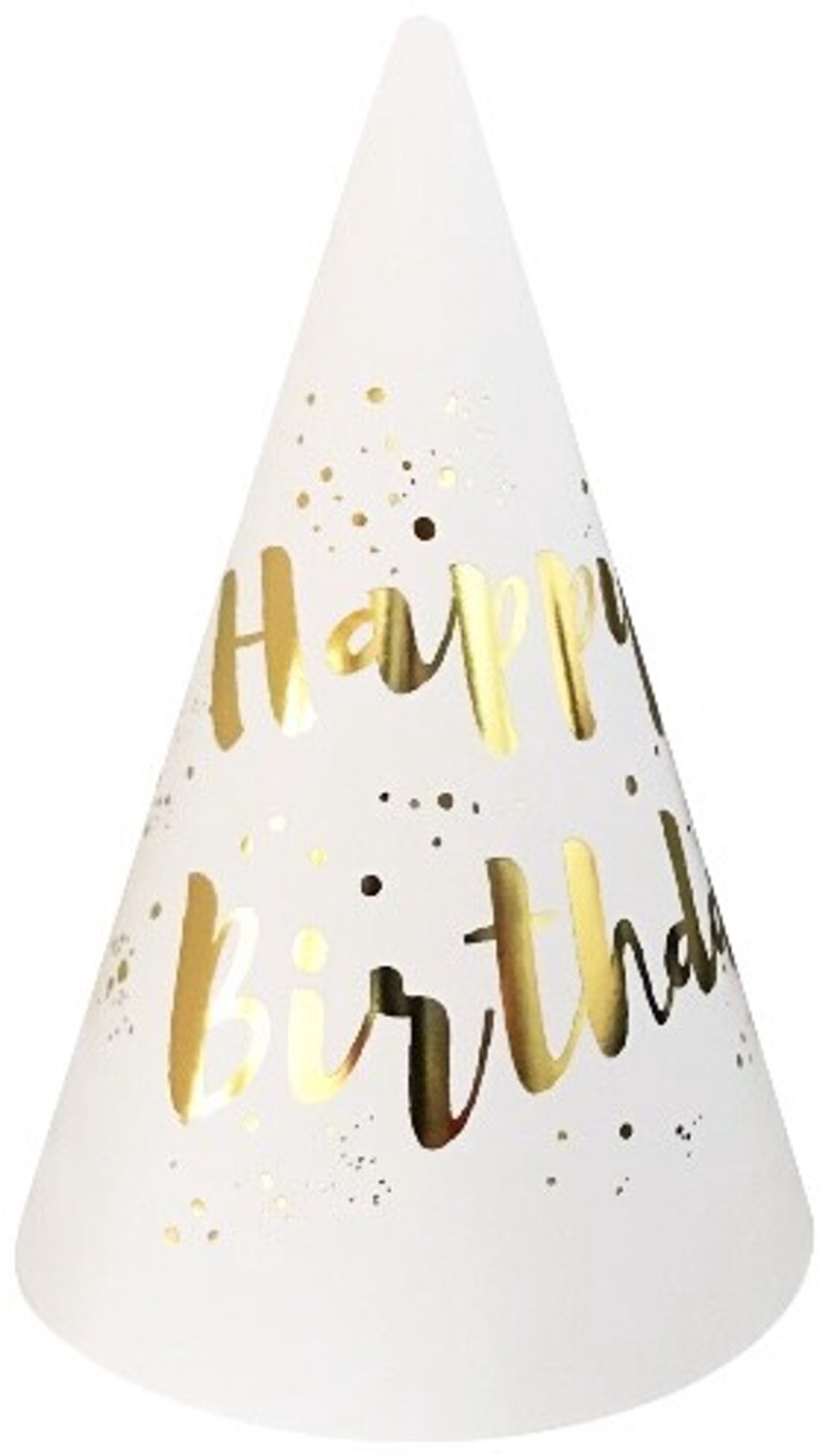 Feesthoedjes Happy Birthday Wit/Goud (6st)