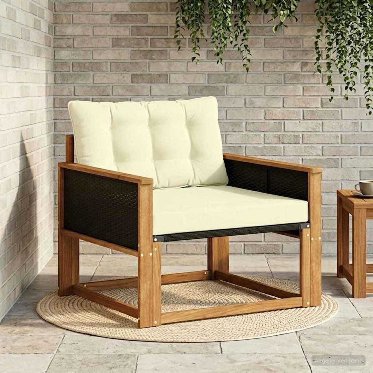 Bankset voor buiten, massief acaciahout en natuurlijk textileen, modulaire set voor tuin of terras, duurzaam acaciahout met gelakt oppervlak, modern design