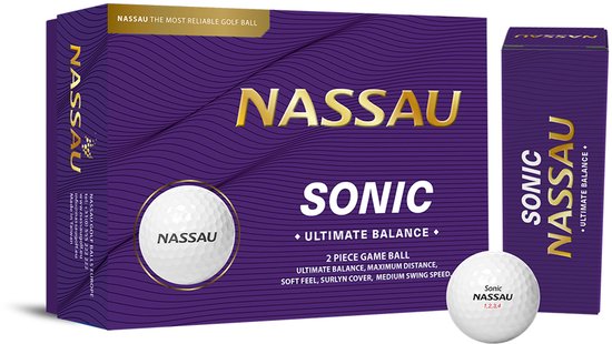 Paarse doos Nassau Sonic golfballen met witte bal voorop, inclusief teksten zoals Ultimate Balance en 2-piece game ball.