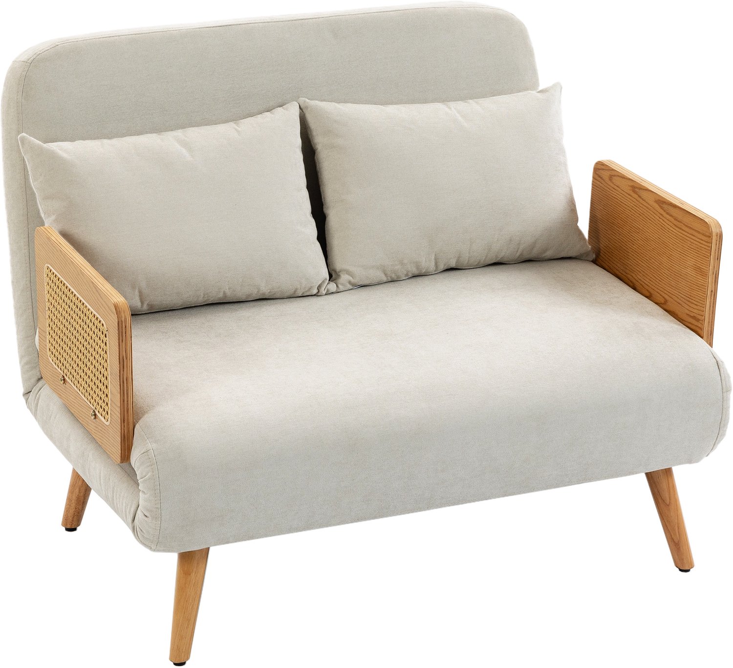 TEKROA® 2-zits slaapbank - 3-in-1 chenille slaapbank (103 cm) - verstelbare rugleuning - 2 kussens - houten armleuningen - crème