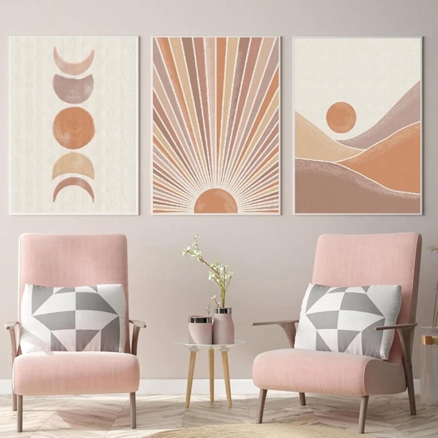 RDRDtbtr Boho zon maan poster print moderne mid-eeuw muurkunst minimalistische terracotta canvas schilderij foto woonkamer slaapkamer woondecoratie 50 x 70 cm x 3 niet ingelijst