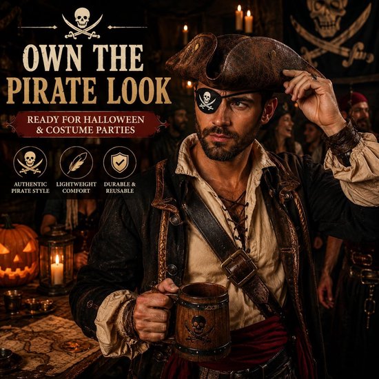 2 stuks piraat hoed ooglapje, bruine tricorn hoed, kunstleertricorn bruin middeleeuwse koloniale stijl, voor Halloween themafeest, cosplay, verkleedkleding volwassenen — afbeelding 2