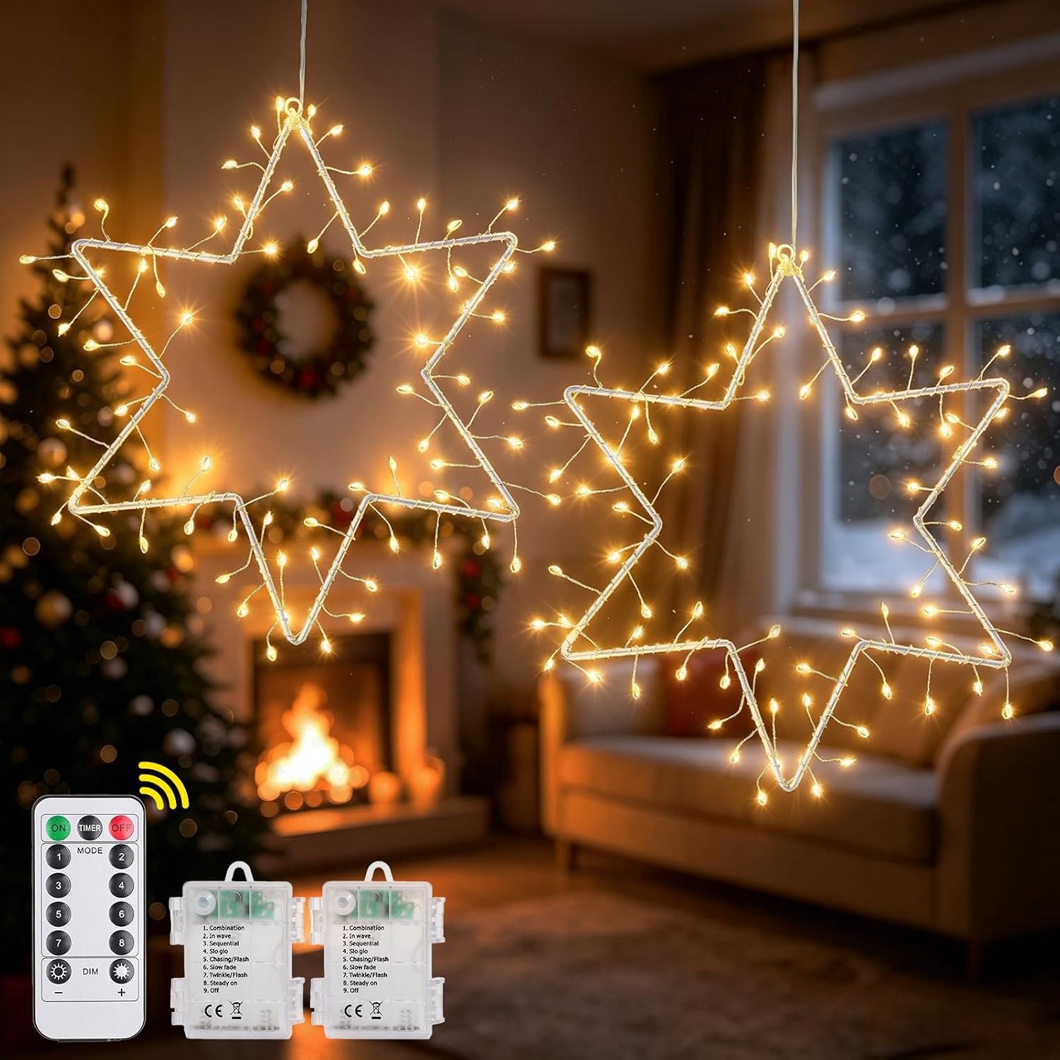 Oneshlee Kerstverlichting voor ramen, 2 stuks led-raamverlichting, kerstverlichting, raamdecoratie, kerstverlichting