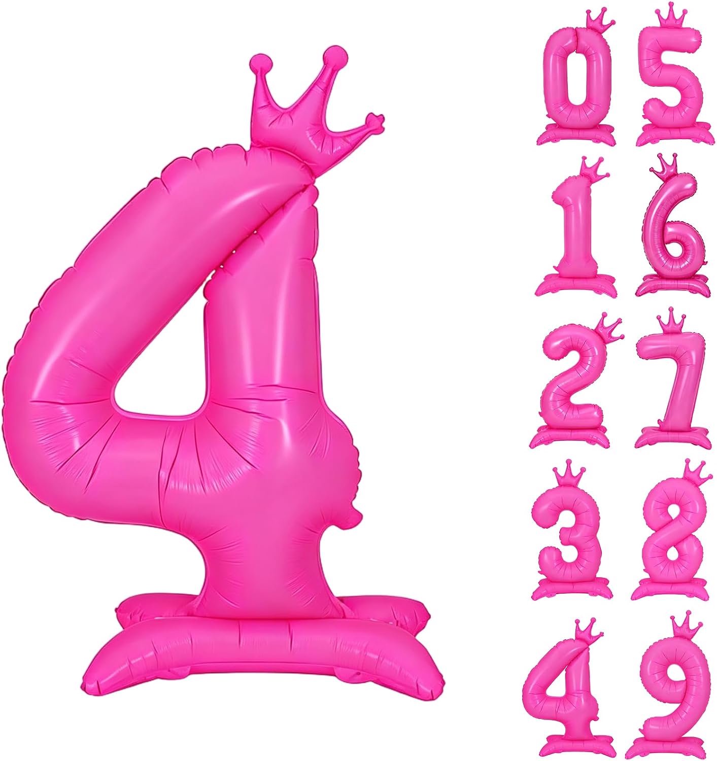 Fluorescerende roze staande ballon met cijfer 4, 106 cm, fluorescerende roze kroonballonnen, 0-9, gigantische folieballon met cijfer 4 met kroon, verjaardagsfeestdecoratiebenodigdheden