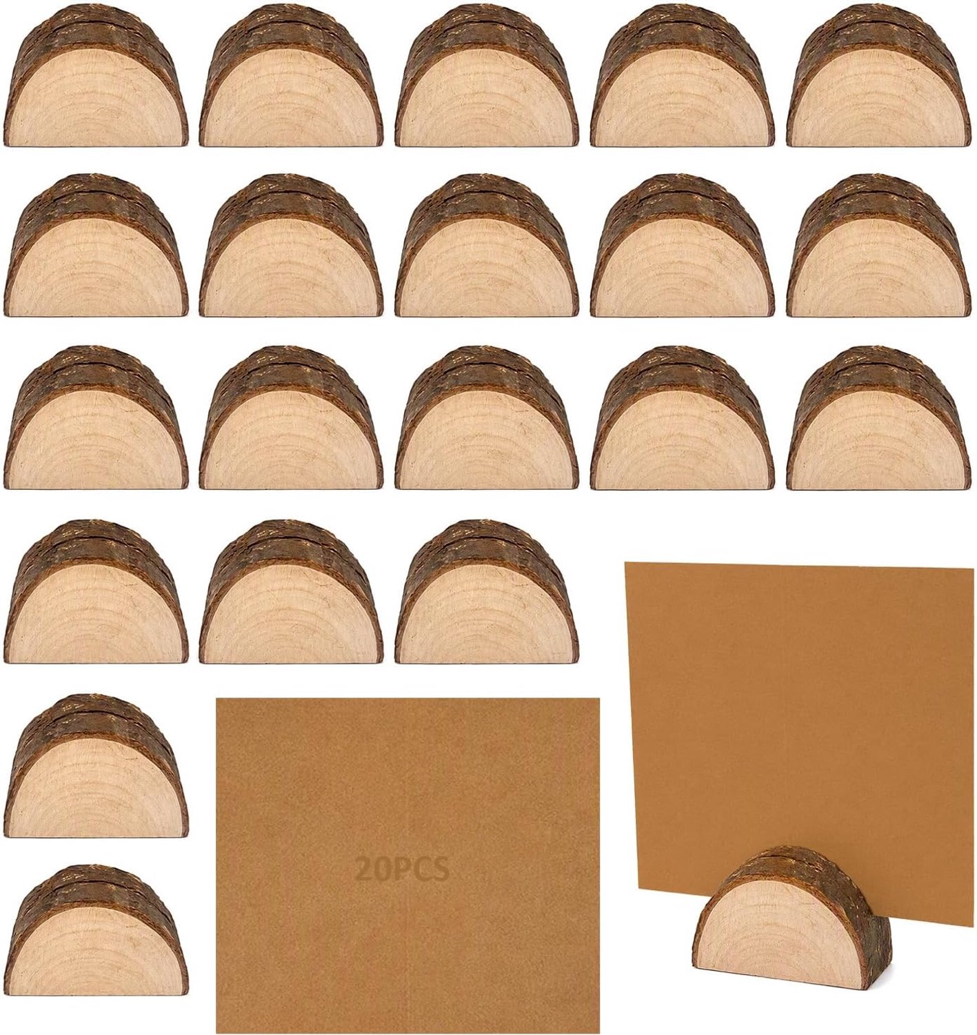 Tafelkaarthouder 20 stuks - Natuurlijk hout - Inclusief kraftpapier kaarten - Ideaal voor feesten - ShopVlot