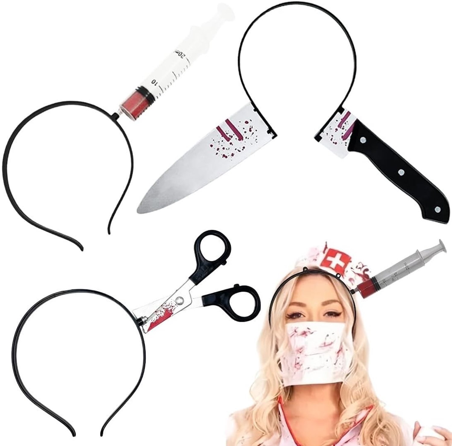 Creepy Halloween Haarband Set met Schaar, Spuit en Bloed Mes voor Kostuums en Cosplay voor Mannen en Vrouwen