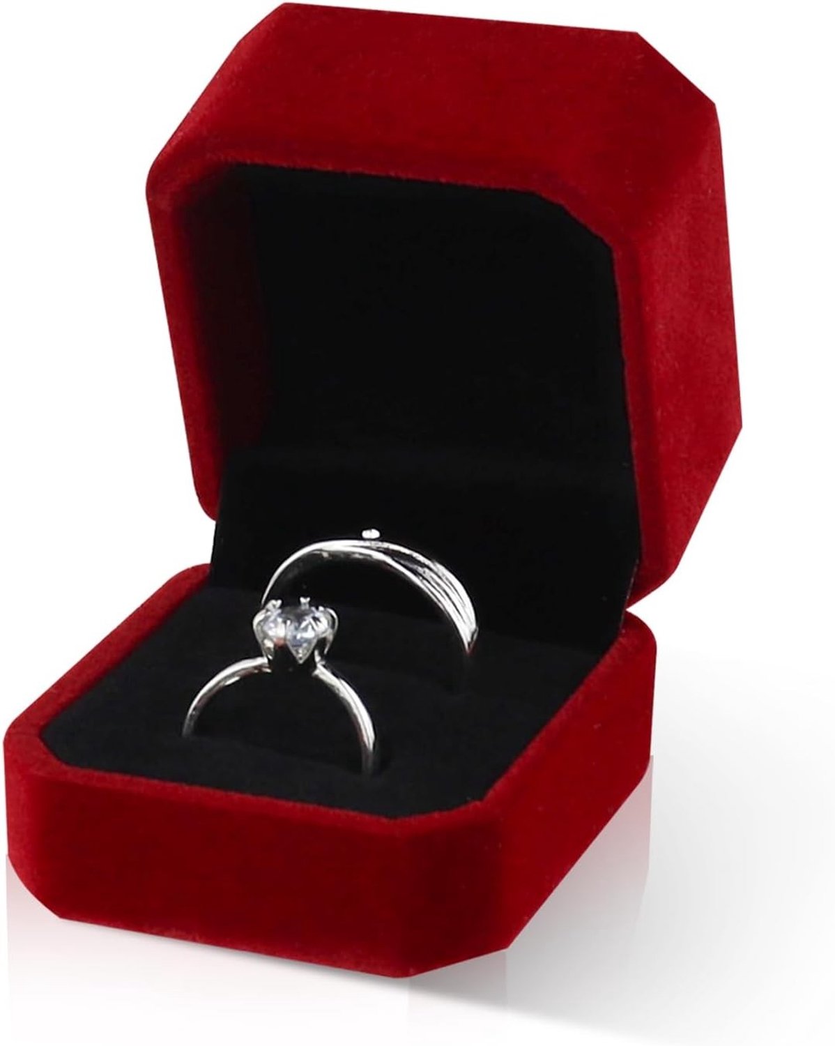 Elegante Ringen- en Sieradenbox van Fluweel, Octagonale Geschenkenhouder voor Trouwringen, Oorbellen en Mini-Broches (2 Slots, Rood)