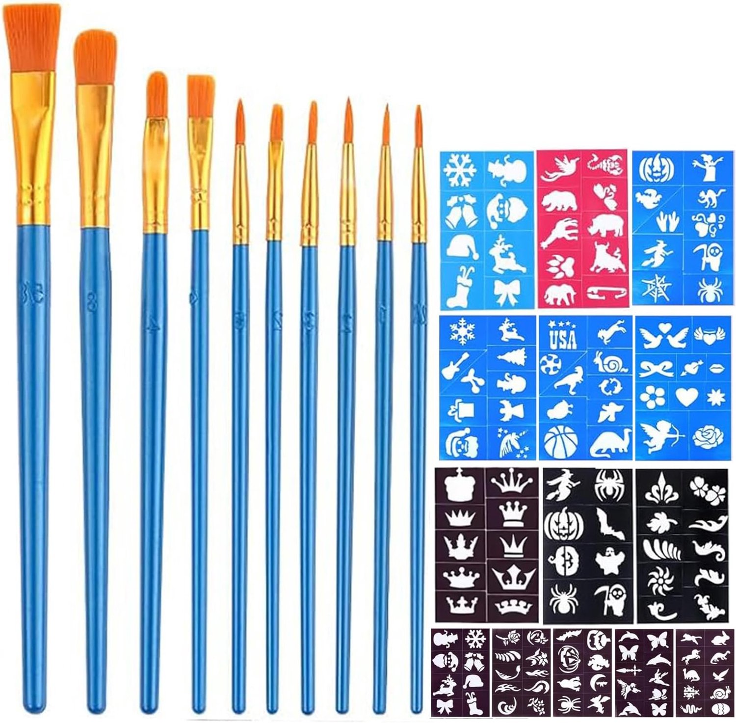 Kinderschminkset, accessoires, 10 stuks kunstenaarskwasten, 114-delige tijdelijke tatoeage, herbruikbare sjablonenset voor feest, carnaval, Kerstmis, Halloween
