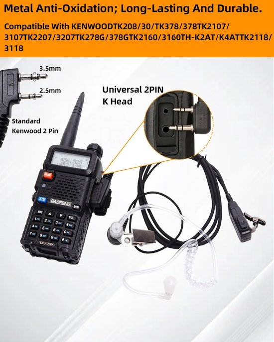 2 stuks draadloze headset, 2 pins, compatibel met Baofeng UV-5R Plus BF-88S BF-88E walkietalkie JUCJET RT24 RT668 RT27 RT24V RT617 RT86, hoofdtelefoon, radio, hoorslang, politie — afbeelding 2