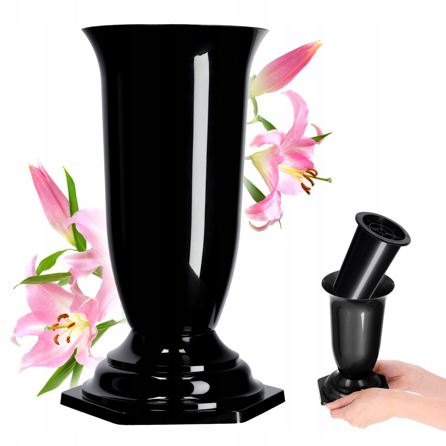 Kadax Grafvaas 29cm Zwart met Inzetstuk - Decoratie voor Begraafplaats