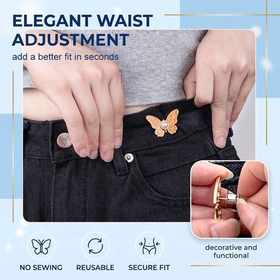 8 stuks afneembare jeansknopen, verstelbare taillespanner in vlindervorm, decoratieve gespen, zonder naden en zonder gereedschap, legering, 35 x 28 mm, meerkleurig — afbeelding 3