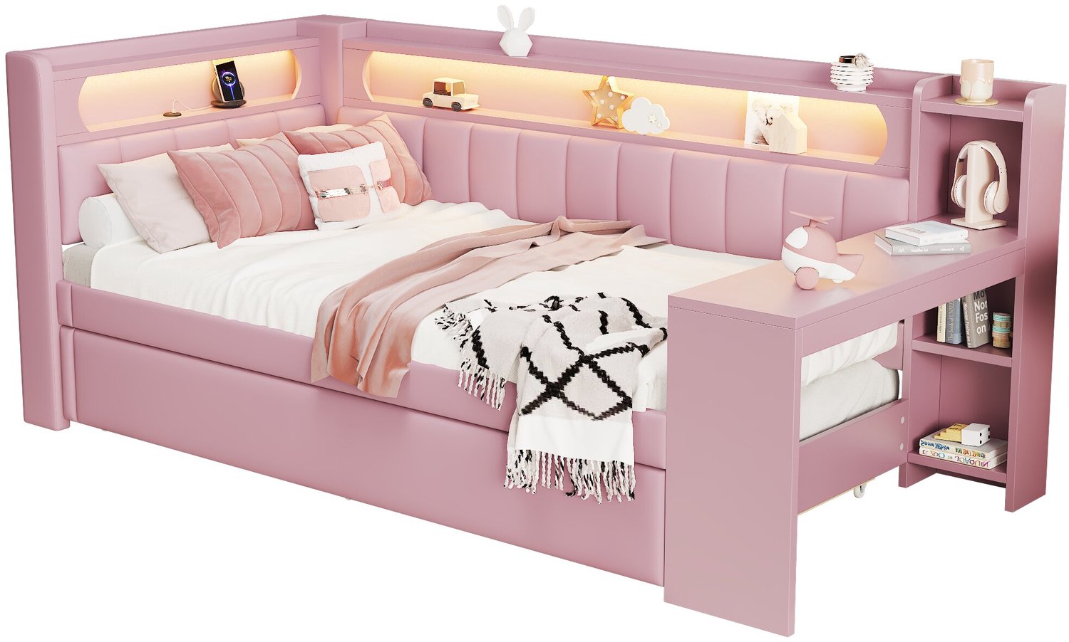 MUVANO Gestoffeerd dagbed 90x200 - Roze slaapbed met uitschuifbed - LED-verlichting en USB-aansluiting - geïntegreerd bureau, 237 x 103,5 x 93,5 cm