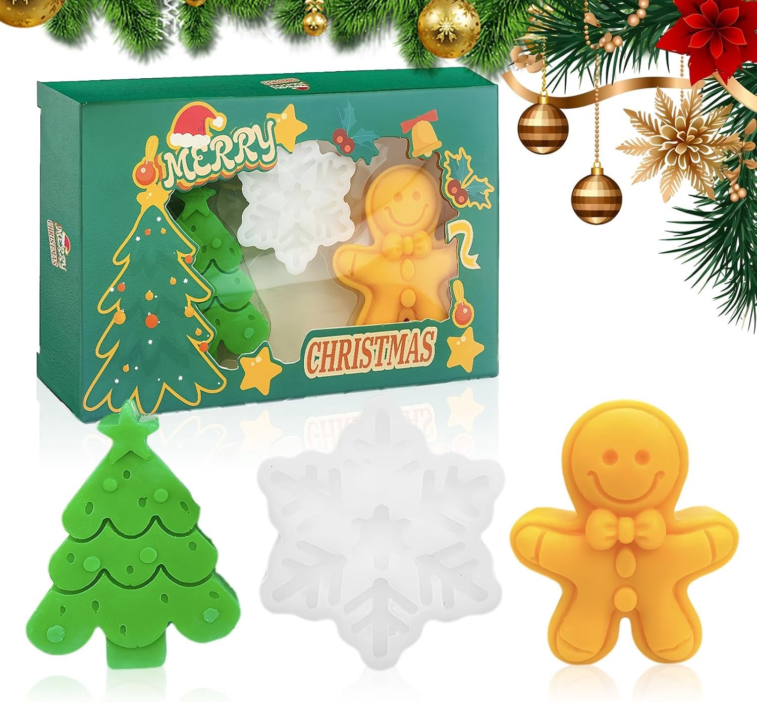 Kerstzeepset, handgemaakte kerstzeep met kerstboom, sneeuwvlok en peperkoekmannetje, kerstcadeauset, voor normale huid