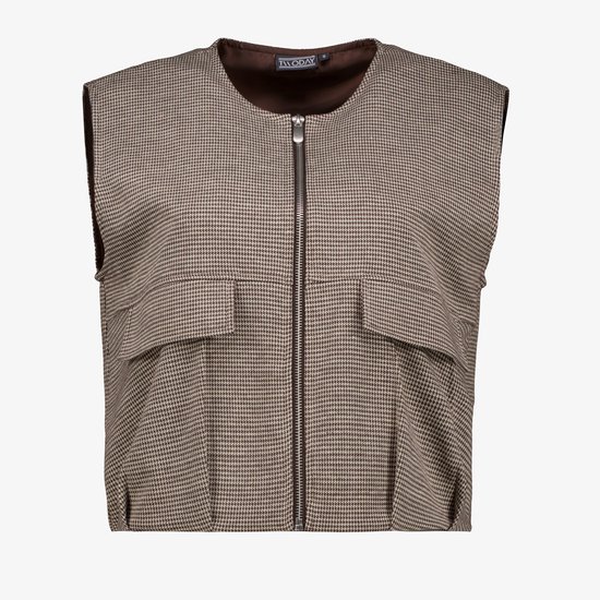 Gilet met pied-de-poule print in bruin en beige, met ritssluiting en twee borstzakken.