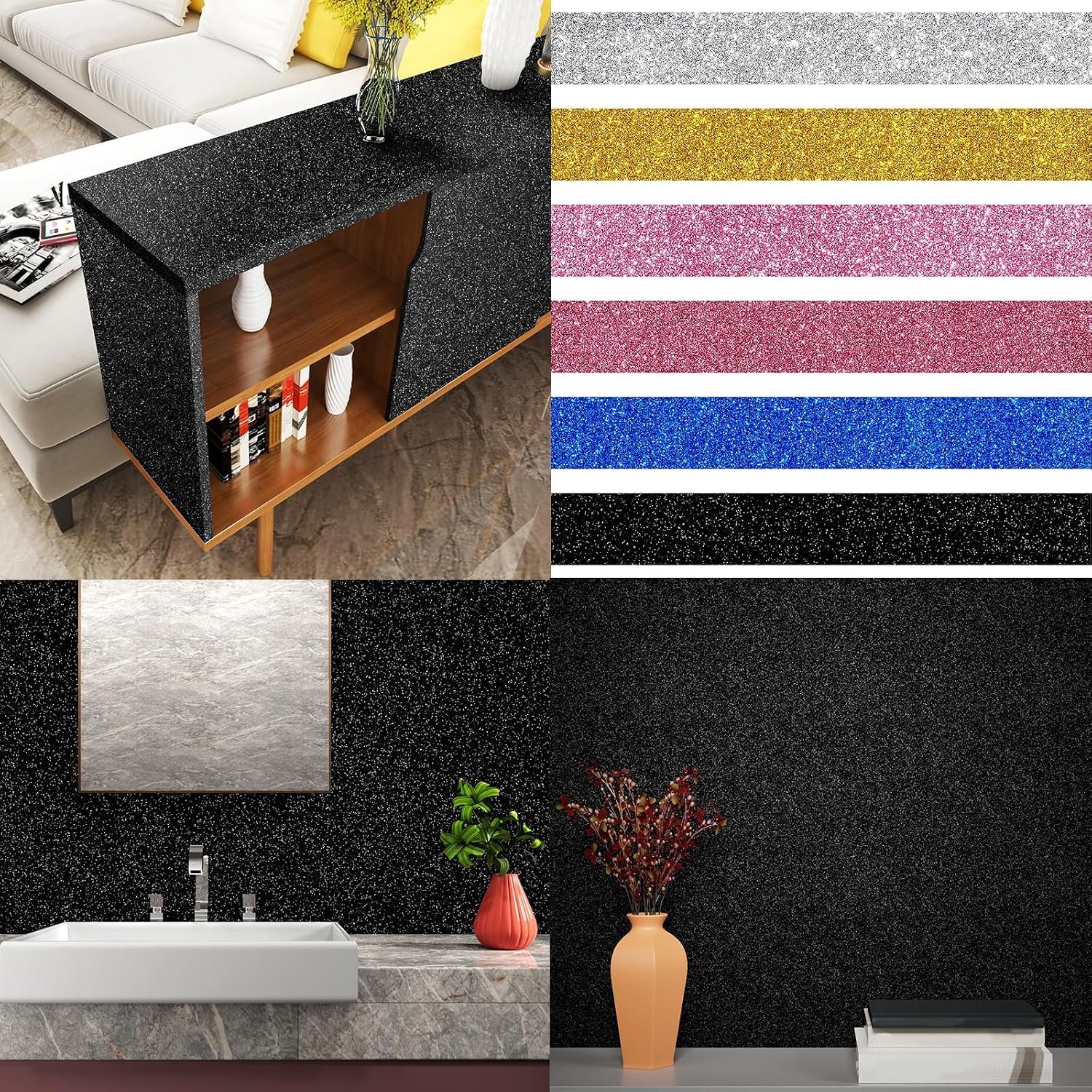 Stickyart Glitter Wallpaper Self-Adhesive Black 40 x 700 cm Furniture Film Kitchen Film for Furniture Walls Wallpaper - ShopVlot