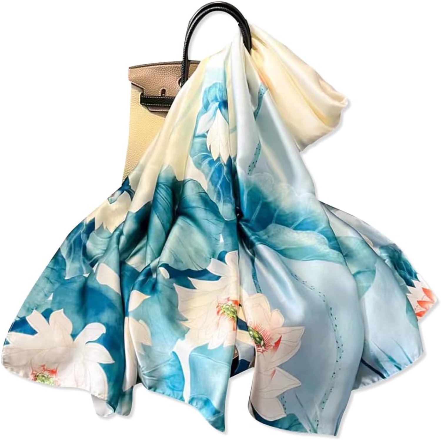 LumiSyne Silk scarf women's flower leaves printed elegant classic style large scarves long neckerchiefs light warm - ShopVlot