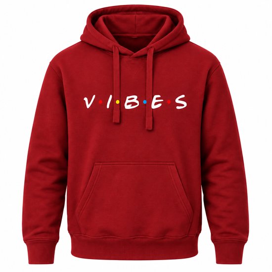 Bordeauxrode hoodie met 'VIBES'-opdruk, trekkoorden en kangoeroezak.