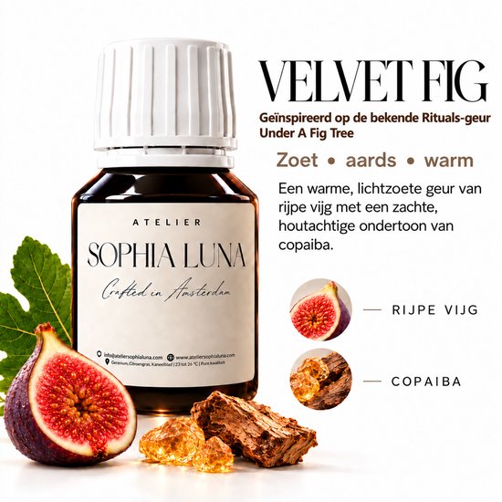 Flesje Atelier Sophia Luna 'Velvet Fig'. Geïnspireerd op geur 'Under A Fig Tree'. Zoet, aards, warm. Met vijg en copaiba.