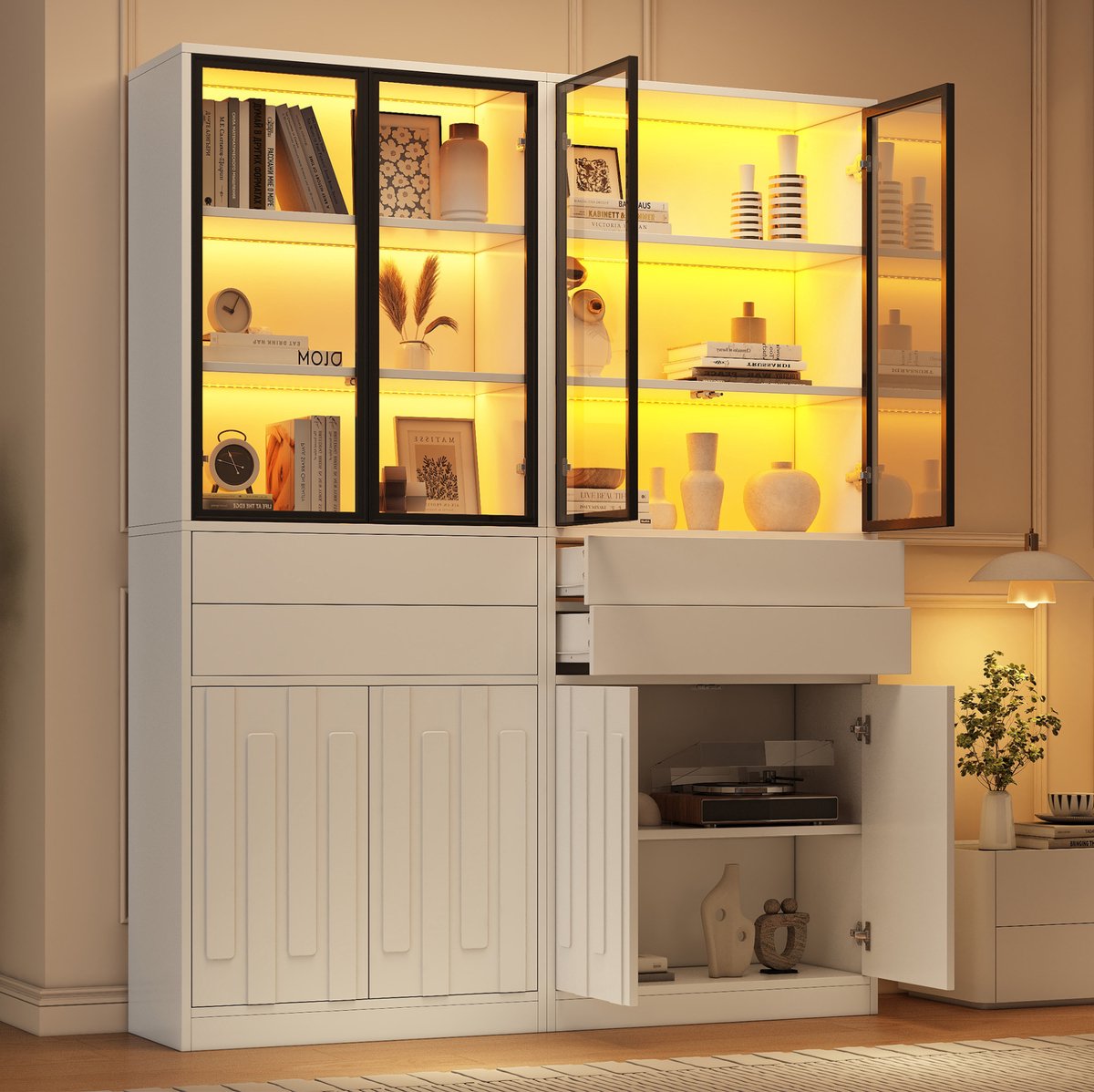 STILVORA Vitrinekast Set Van 2 - Ledverlichting Met App En 4 Glazen Deuren - Voor Woonkamer Of Werkkamer - Spaanplaat En Glas - 140x34x180 Cm - Wit
