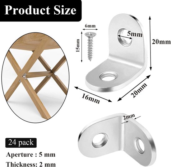 24 stuks Hoekbeugels, 16 x 20 mm L-beugel, 90 ° roestvrijstalen beugel met 48 schroeven, L-vormige metalen kleine connector voor houten meubelplanken, stoel, tafel, bed, fixatie repareren — afbeelding 2