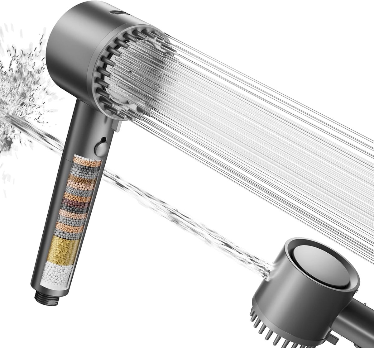 Douchekop met filter, hogedruk handdouche met filtratie in 20 lagen, waterbesparend met 5 straalsoorten, spaardouchekop voor hard water, restchloor, bacteriën (grijs)