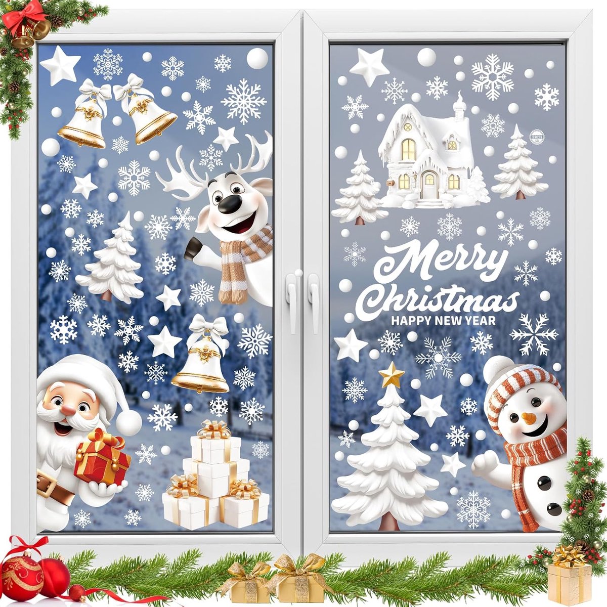 Raamstickers voor Kerstmis, zelfklevend, 9 vellen, 146 stuks, herbruikbare statische hechtende pvc-stickers, voor winter, raam, kerstdecoratie